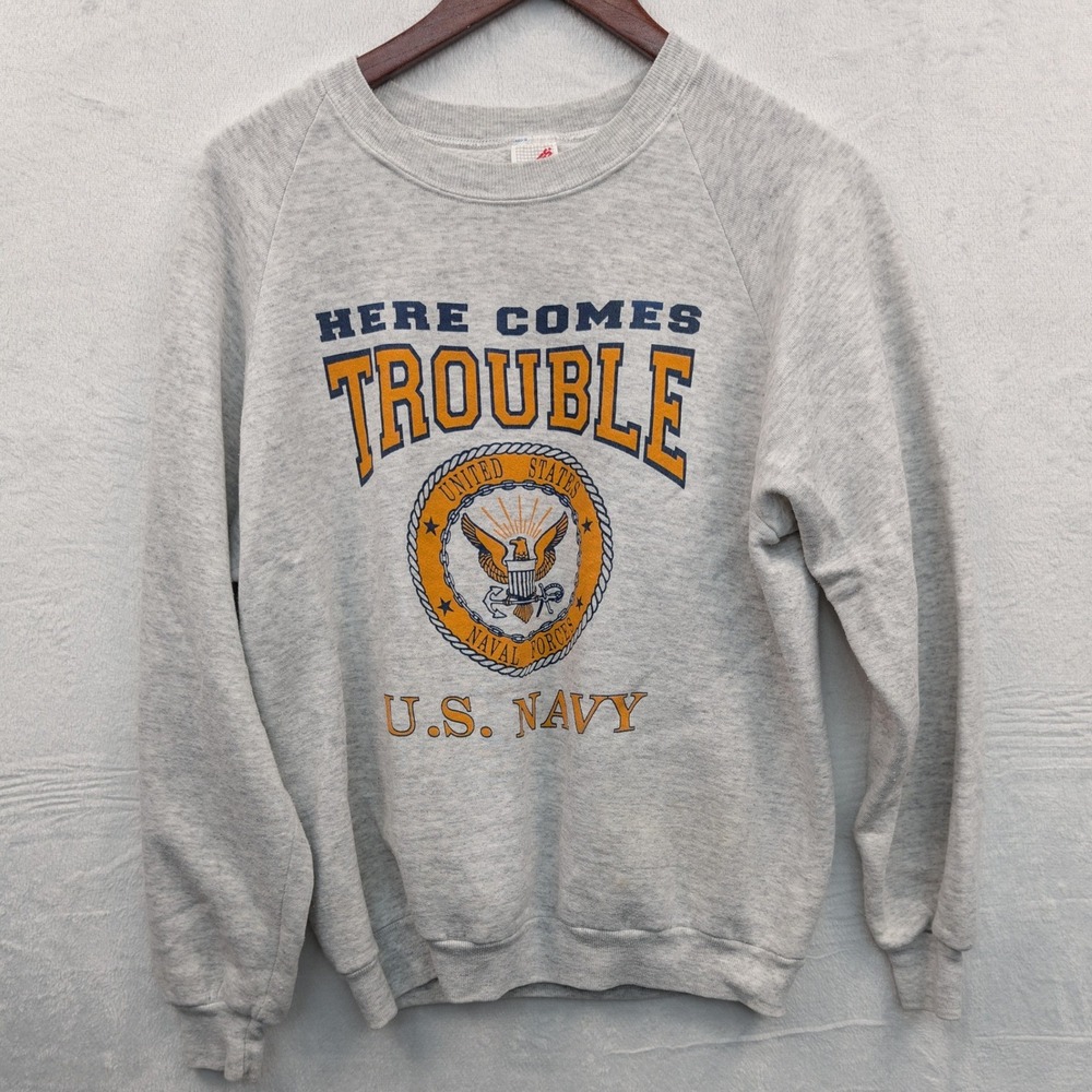 VTG Jerzees Sweatshirt Men's L Gray US Navy Here Comes Trouble Raglan USA 90s